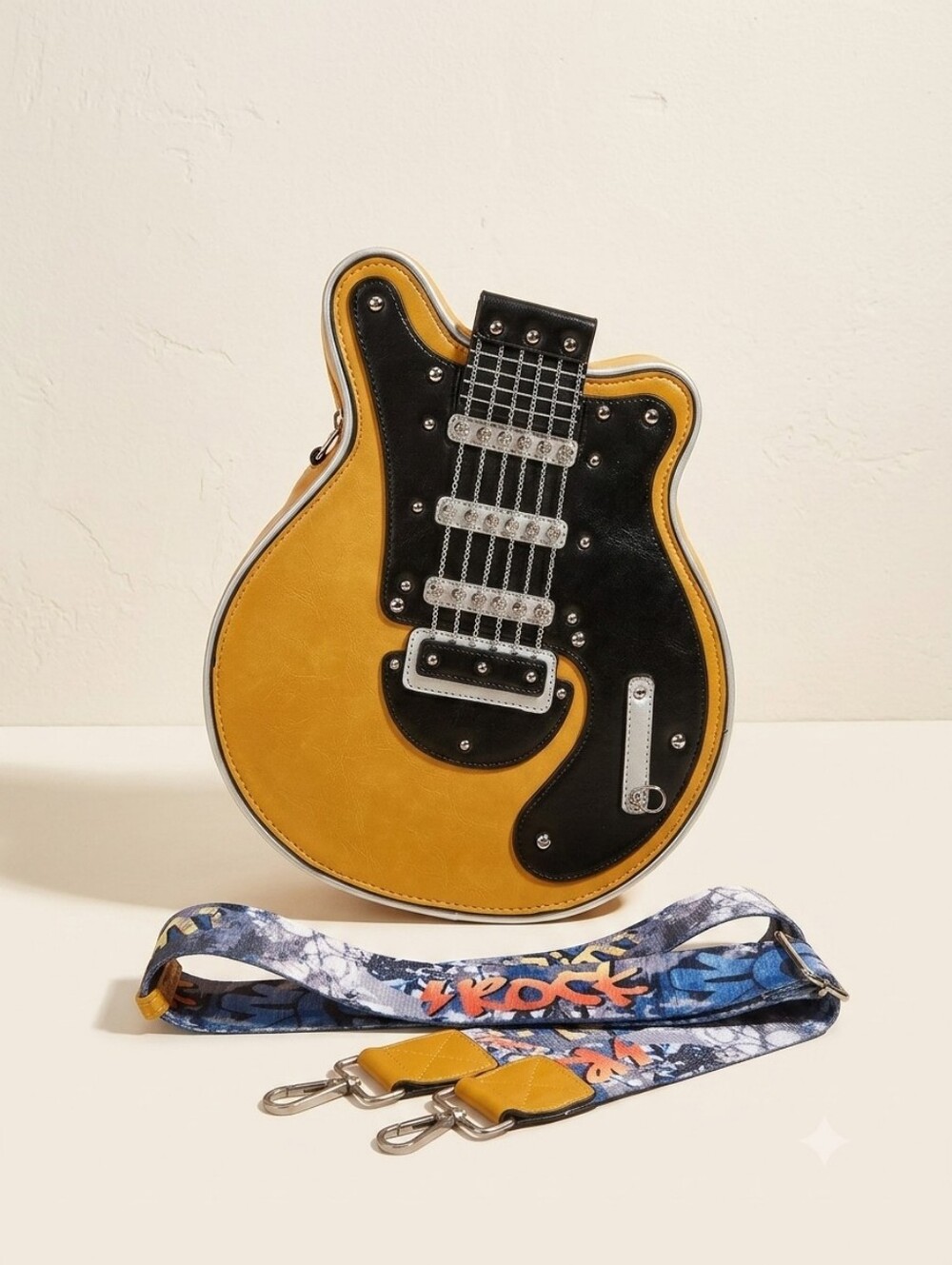 Guitar-Shaped Yellow Crossbody Bag with Graphic Strap